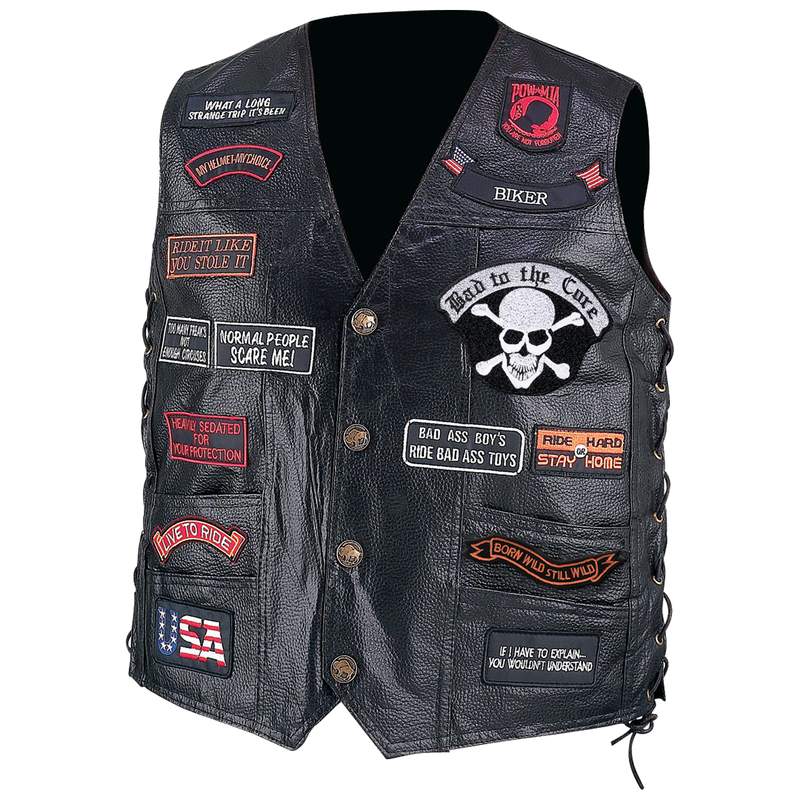 Diamond Plate Buffalo Leather Biker Vest with 23 Patches - Medium GFVBIK23M