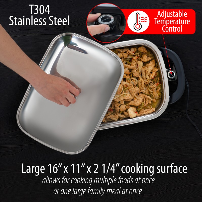 Precise Heat T304 Stainless Steel 16 Rectangular Electric Skillet